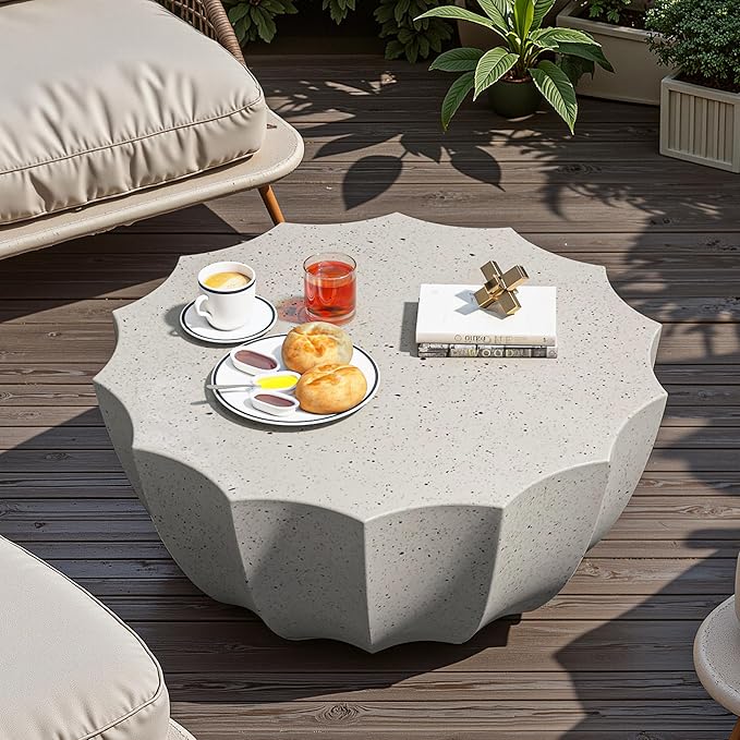 35" Outdoor Round Coffee Table Modern Stylish Design Waterproof & Moisture-Proof No Assembly Required Outdoor Coffee Table for Patio, Garden, Backyards - US Warehouse (White)