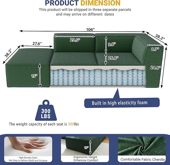 106" Sectional Compressed Sofa Modular Couches,High-Density Foam No Assembly Required,3-Piece(1xCorner 1xArmless 1xOttoman) for Living Room, Chenille Green