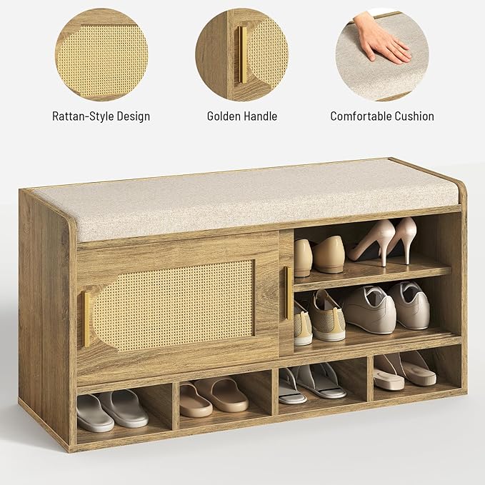 39.4" Wide Shoe Storage Bench, 2-Tier Rattan-Style Shoe Bench with Cushion Seat and 4 Open Compartments, Double Sliding Door and Adjustable Shelves, for Entryway, Hallway, Natural Pecan