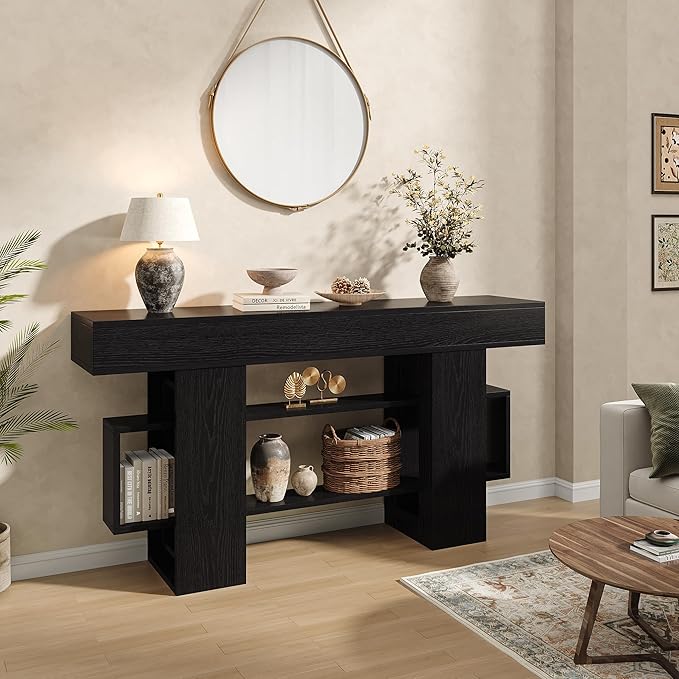 Feonase 63 Inches Long Console Table for Entryway, Wooden Sofa Table Behind Couch with 3-Tier Storage, Modern Narrow Entry Hallway Table for Living Room Foyer Entrance, Black