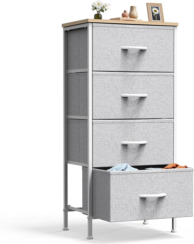 DUMOS Nightstand with 4 Drawers Bedside Table with Removable Fabric Bins Sturdy Steel Frame Wood Top Organizer Furniture for Bedroom Closet Living Room,Light Gray