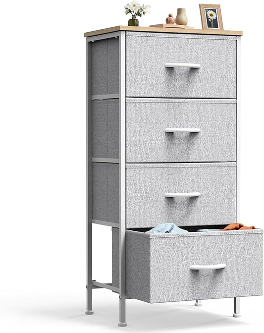 DUMOS Nightstand with 4 Drawers Bedside Table with Removable Fabric Bins Sturdy Steel Frame Wood Top Organizer Furniture for Bedroom Closet Living Room,Light Gray