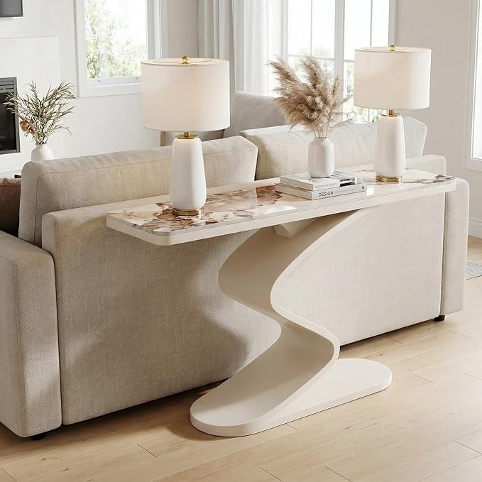 Modern Console Table with Sintered Stone Top, 47" Entryway Table with Sculptural S-Shaped Base Narrow Hallway Sofa Table Behind Couch for Living Room, Accent Furniture(White,47.2"x11.8"x31.5")