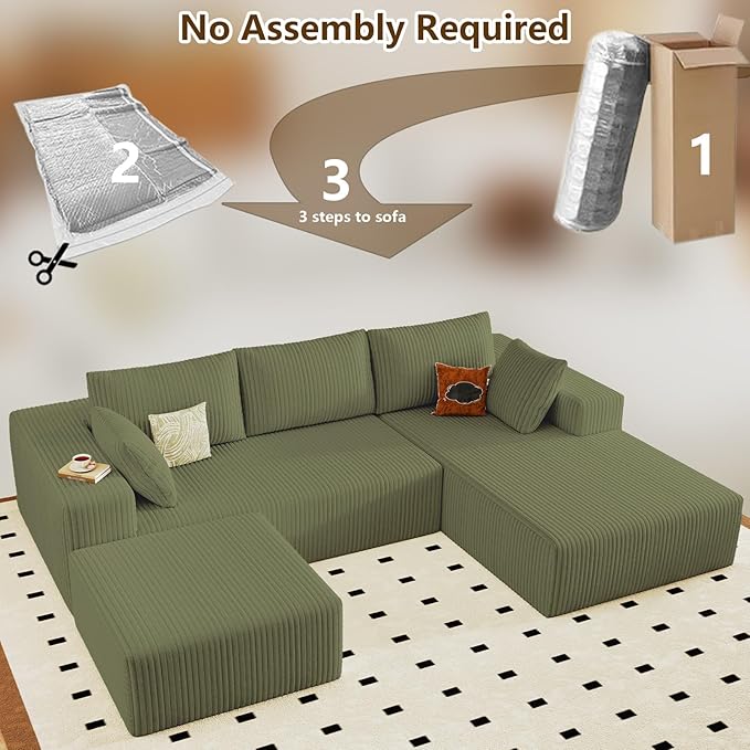 96" U-Shape Cloud Couch, Modern Modular Sectional L-Shape Sofa with Ottoman, Corduroy Upholstered Couches Deep Seat Sleeper Chaise Longue for Living Room, No Assembly Required(Green, Right Facing)