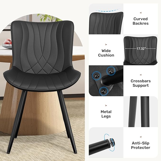 Dining Chair Set of 4 PU Leather Dining Room Chairs Upholstered Comfy Dining Chairs Modern Kitchen Armless Side Chair with Sturdy Metal Legs,Black