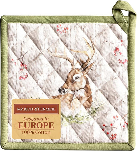 Maison d' Hermine Pot Holders 100% Cotton Heat Resistant Potholders 8" x 8" Hot Pads with Loop for Thanksgiving Christmas Decorations BBQ Cooking Baking Handling Hot Pans (Pack of 1, Mountain Life)