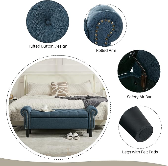 Storage Bench, 50" Queen End of Bed Bench, Linen Tufted Button Upholstered Bedroom Bench, Storage Ottoman with Rolled Arms, Window Bench with Storage, for Living Room, Entryway Dark Blue