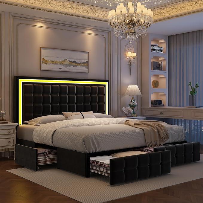 Full Led Bed Frame with 4 Storage Drawers, Bed Frame with Led Lights No Box Spring Needed, Supports 900 lbs, Easy Assembly, Quiet and Sturdy Design, Velvet Black