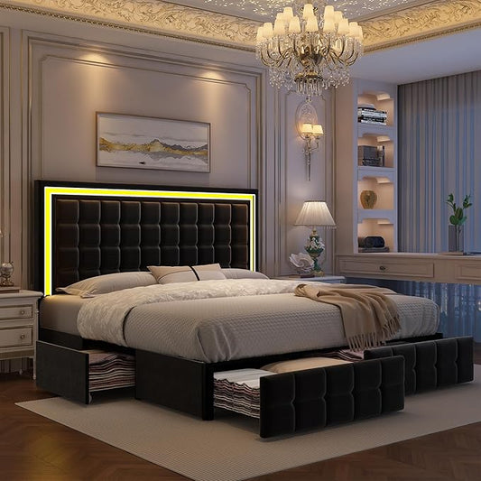Queen Bed Frame with LED Lights & Storage Drawers, No Box Spring Needed, Heavy Duty 900lbs Weight Capacity, Easy Assembly, Modern Upholstered Platform Bed, Velvet Black