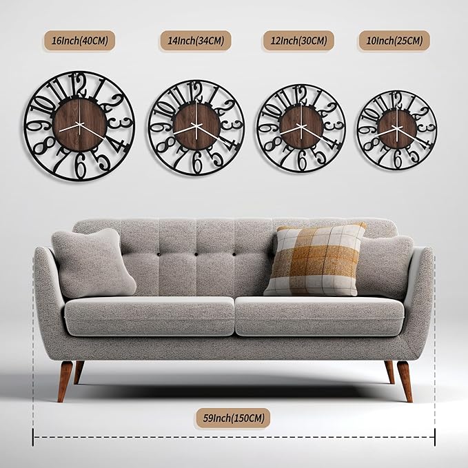 Maxstar Wall Clock Battery Operated,Silent Non-Ticking Modern Rustic Metal Round Clocks Small for Living Room/Bedroom/Office/Kitchen/Farmhouse Home Decor-14 Inch(Brown-Wood)