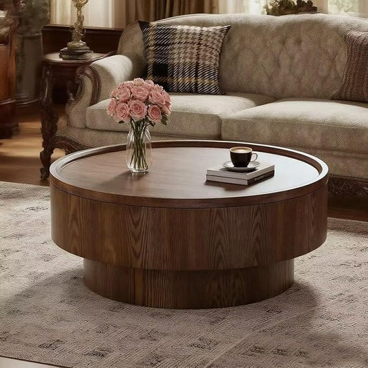 Round Coffee Table with Storage 30.7" Modern Luxury Wood Center Table Circle Drum Coffee Table Small Accent Side Table for Living Room Apartment, Small Space (Round Brown)