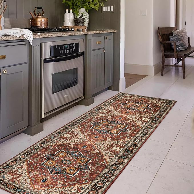 Moynesa Ultra-Thin Washable Runner Rug - 2x7 Low Pile Kitchen Rug Runners for Hallways, Boho Non-Slip Low Pile Indoor Throw Carpet Runner for Living Room Bedroom Bathroom Floor Camper, Brown