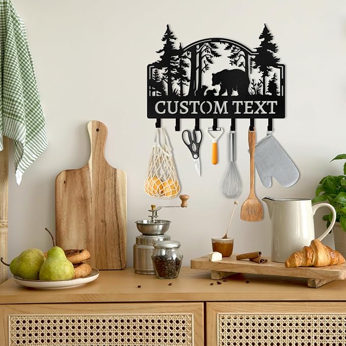 Personalized Metal Key Holder Wall Mount, Forest Key Hooks for Wall, Coat Hooks, Mountain Wall Decor, Key Organizer Rack for Entryway Office Kitchen Front Door, Housewarming Gifts