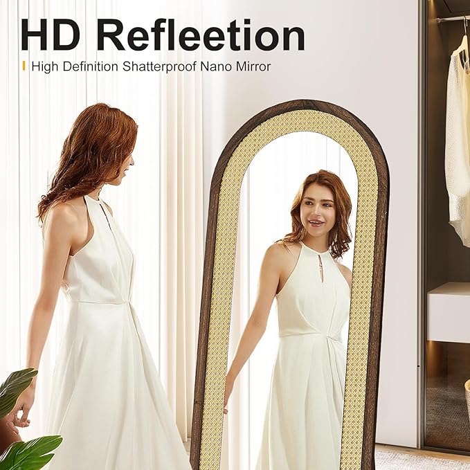 Arched Full Length Mirror with Solid Wood Frame & Rattan Panel, 64"x21" Rustic Wall Mounted Floor Mirror - Free Standing, Leaning Against Wall, Wall-Mounted for Bedroom Living Room (Brown)