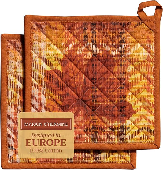Maison d' Hermine Pot Holders Set 100% Cotton Heat Resistant Potholders 8" x 8" Hot Pads with Loop for Thanksgiving Christmas Decorations Baking Handling Hot Pans (Pack of 2, Thanksgiving Tartan)