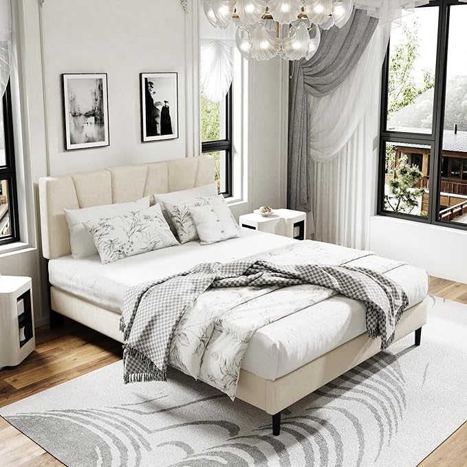 Full Size Platform Bed Frame with Upholstered Headboard, Wooden Slats Support, Noise Free, No Box Spring Needed, Easy Assembly, Beige, Velvet