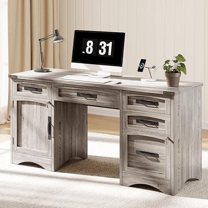 Farmhouse Executive Desk with Drawers, 55" Home Office Desks with Fast Charging Station, Lockable File Cabinet, Wood Writing Computer Desk for Work, Study, Grey