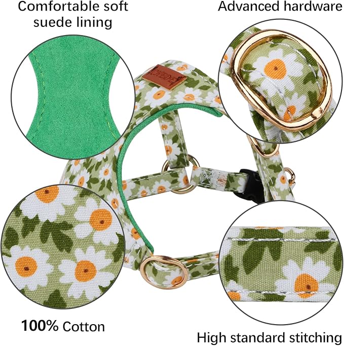 CHEDE No Pull Floral pattern Dog Harness- Lightweight and Soft Dog Harness, Adjustable Small Dog Harness and Leash Set, with Dog Leash, Suitable for Puppy Small and Medium-sized Dog (XXS, Green Daisy)