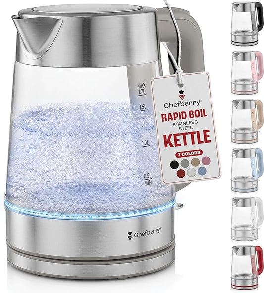 Electric Kettle for Boiling Hot Tea & Water | 1.8L Stainless Steel Borosilicate Glass Boiler With No Plastic, Automatic Shutoff, BPA Free, Fast Heating Technology