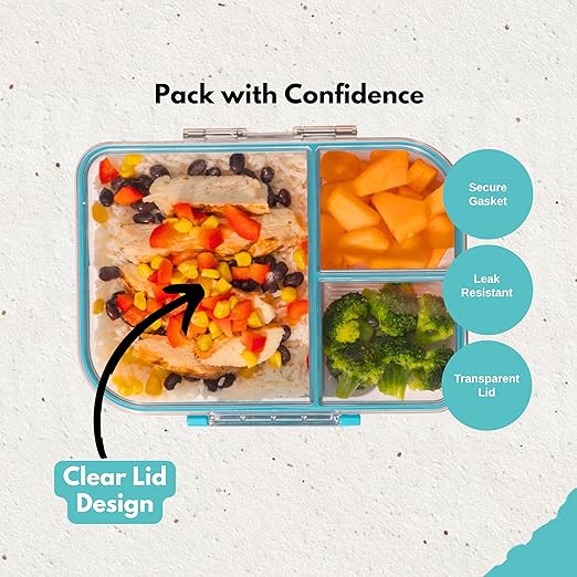 MyGo Pro Rectangular Container, 3-Compartment Clear Heavy Duty Plastic Food Storage Container, Portable Sleek Design, Spill-Resistant with Removable Gasket, 6.25" L X 9" W X 2" H