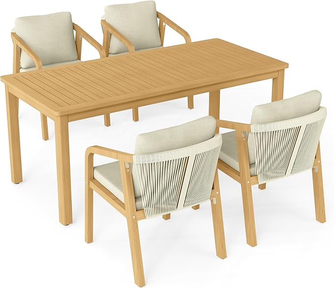 5-Piece Outdoor Dining Set for 4 with 23" Extra Wide Chair and Cushion，Patio Table and Chairs Set with All Acacia Wood Frame, All-Weather Outdoor Patio Furniture Set for Garden Lawn, Beige