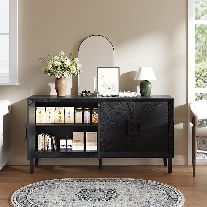 60'' Rustic Large Sideboard with 4 Doors and Adjustable Shelves, Heavy-Duty Antique Wood Entryway Console Table TV Stand for Living Room Dining Room (Black-10.2)