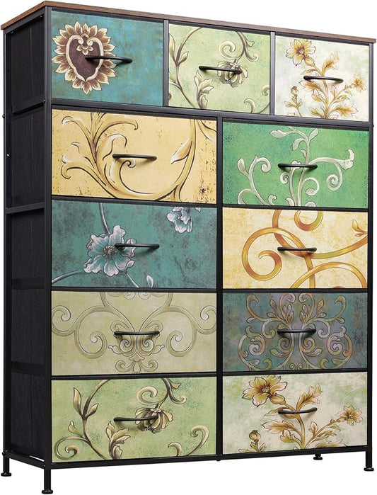 WLIVE Storage Organizer Unit with 11 Fabric Bins, Storage Drawers Organizer with Steel Frame, Tall Storage Tower Organizaton for Living Room, Hallway, Office, Floral Painted