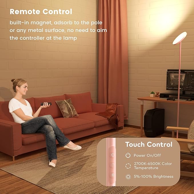 Pink Dimmable Floor Lamp, Bright 36W 3500LM Standing Lamp with Remote Touch Control, 2700K Soft White to 6500K Cool White Adjustable, LED Torchiere Tall Light for Living Room,Bedroom,Office,Sofa
