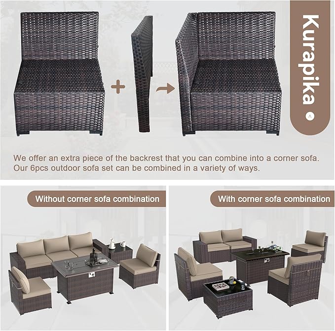Kurapika 7 Pieces Patio Furniture Set, Rattan Wicker Outdoor Conversation Sets w/43in Propane Fire Pit Table and 4 Inch Cushion(Sand)