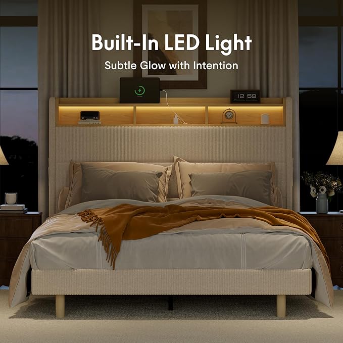 FLEXISPOT Queen Platform Bed Frame with 51" Tall Upholstered Corduroy Headboard, Two-Tier Storage Shelves, LED Light & Charging Station, Remote Pocket, No Box Spring Needed,1100Ibs Heavy-Duty, Beige