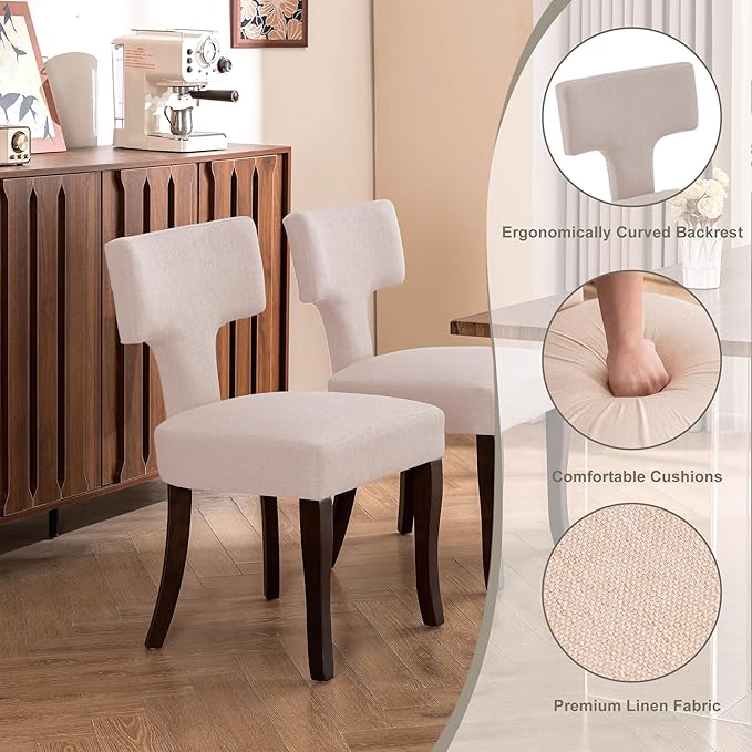 Mid Century Modern Dining Chairs Set of 4, Upholstered Side Dining Chairs with Curved Back Linen Fabric Armless Wood Chairs Kitchen & Dining Room Farmhouse Chairs (White)