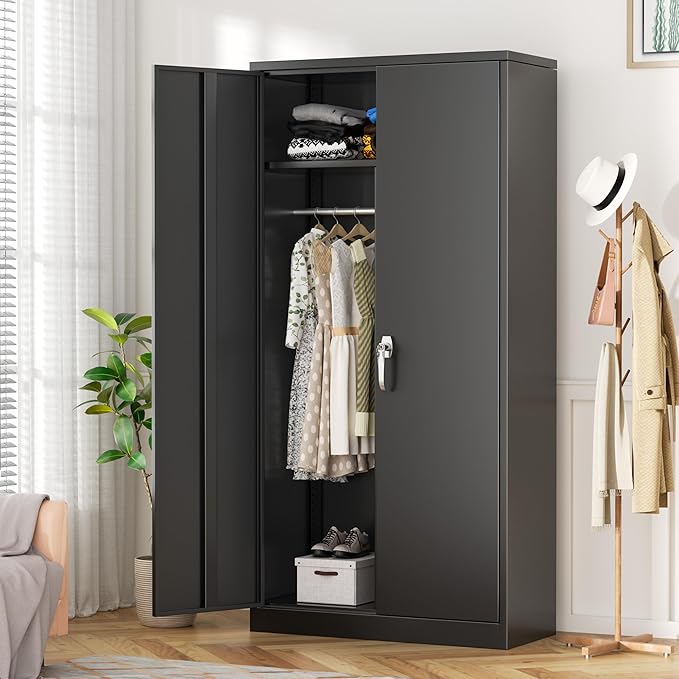INTERGREAT Metal Wardrobe Closet, 72" H Metal Storage Armoires Cabinet with Lockable Doors and Hanging Rod, Armoire Wardrobe Closet with 4 Adjustable Shelves for Home Office, Warehouse, Garage, Black