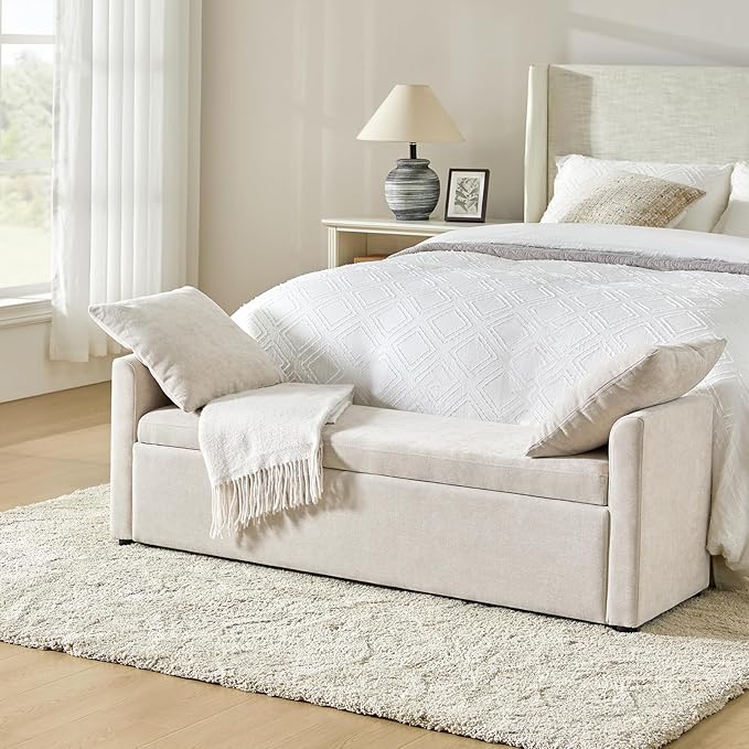 HULALA HOME Modern Storage Bench with Throw Pillows, 59.4" Extra Long Bedroom Ottoman Bench for End of Bed, Comfy Upholstered Footstool for Entryway Living Room Dining Room, Linen