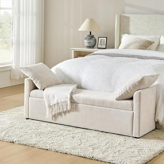 HULALA HOME Modern Storage Bench with Throw Pillows, 59.4" Extra Long Bedroom Ottoman Bench for End of Bed, Comfy Upholstered Footstool for Entryway Living Room Dining Room, Linen