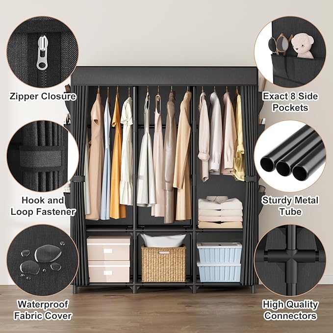 Wardrobe Closet, Portable Closets for Hanging Clothes 19mm Steel Tube Portable Wardrobe Closet for Bedroom, Clothes Rack with Cover, 3 Hanging Rod, 6 Storage Shelves and Side Pocket