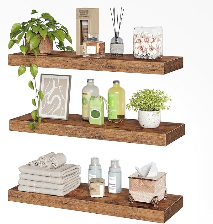 Floating Shelves for Wall, 1.5" Thick Wall Shelf Set of 3 with Invisible Brackets, 23.6L x 7.9W Hanging Shelves Farmhouse Home Decor for Bathroom, Living Room, Bedroom, Rustic Brown 6301BJP3BF