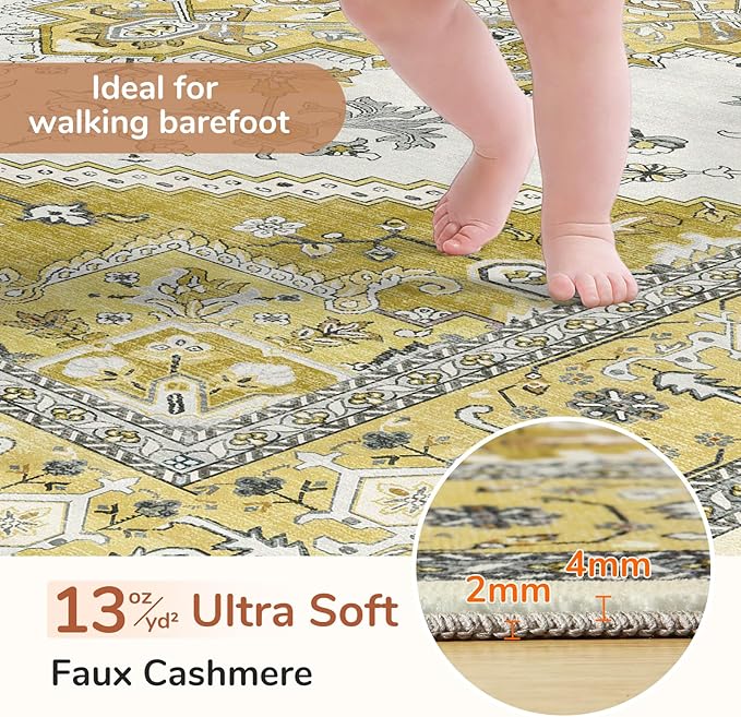 OPPODREAM Thin Area Rugs 5x7, 5x7 Washable Rug with Non Slip Backing, 5 x 7 Faux Cashmere Low-Pile Carpet, Yellow