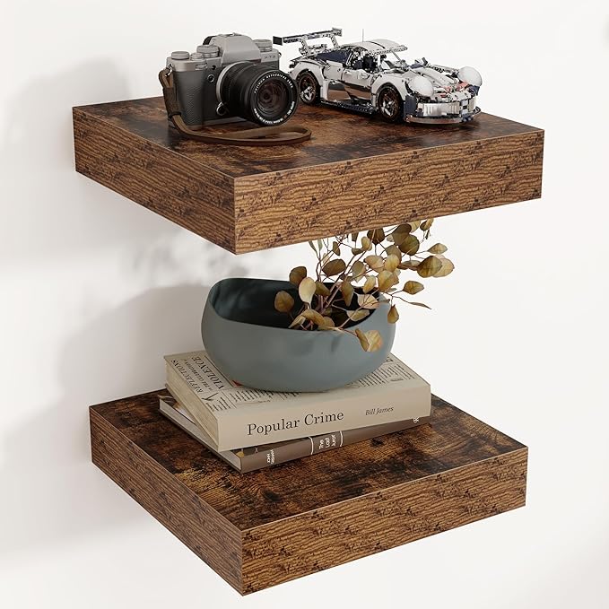 Square Floating Shelves for Wall, 12" W x 12" D x 2" H, 2 Pack of Small Wall Mounted Engineered Wood Shelves with Invisible Brackets for Living Room, Bedroom, Bathroom, Kitchen Decor, Brown