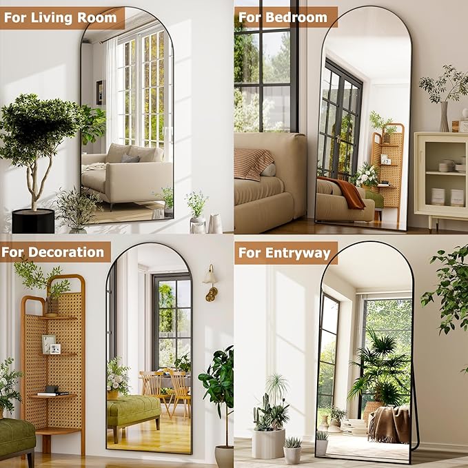 GLSLAND 35x78 inch Arched Full Length Mirror - Aluminum Alloy Frame Floor Mirror with Stand High Definition-Full Body Mirrors for Bedroom or Living Room,Black