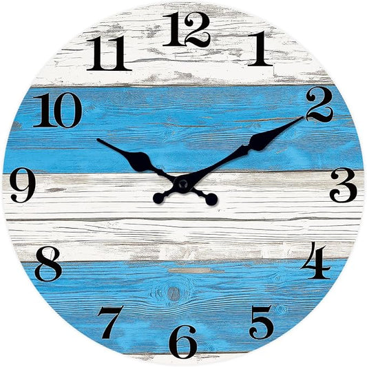 XNM Kitchen Clocks Wall Battery Operated 14 Inch Blue and White Wall Clock Silent Round Farmhouse Clock for Wall(No Solid Wood, It is with MDF Material)