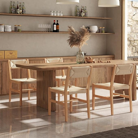 Modern Rattan Dining Chairs Set of 4, Boho Cane Farmhouse Chair, Natural Wood Legs Dining Chairs with Open Back, Armless with Natural Weave 2.5 Inches Seat Kitchen Chairs for Living Room