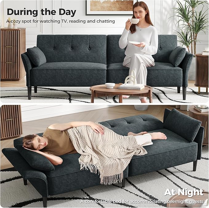 89” Futon Sofa Bed, Comfy Futon Couch Bed with 2 Square Pillows,Convertible Sleeper Sofa with Adjustable Backrest& Armrests, Modern Loveseat Sleeper for Living Room,Velvet Fabric Dark Gray