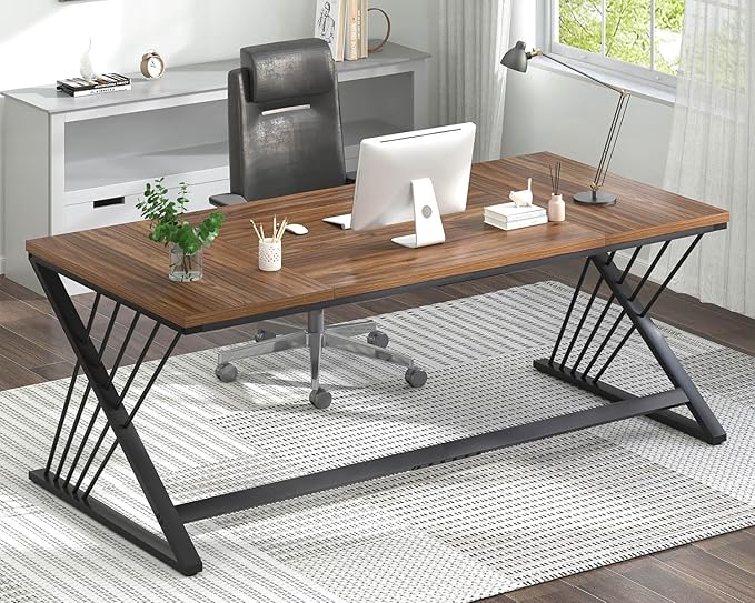 FOLUBAN 70.9" Computer Desk with Z-Shaped Legs, Large PC Desk for Home Office, Industrial Writing Desk, 2 Person Executive Workstation Study Table for Bedroom, Rustic Walnut