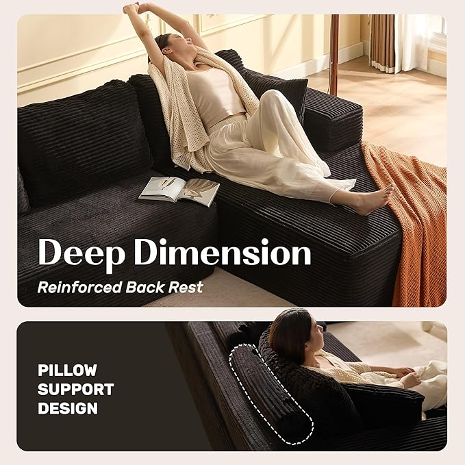 107" Boneless Couch with Deep Seat, Modular Sectional Sofa, Cloud Sectional Couch for Living Room, No Assembly Required, Corduroy, L-Shape Right?Black