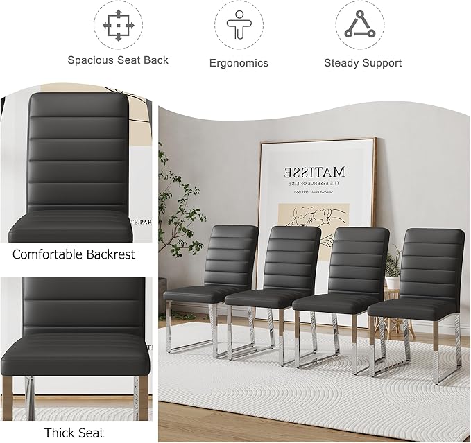 Modern Dining Chairs Set of 4, White Faux Leather Kitchen Chairs, Upholstered Armless Dining Room Chair with Gold Mental Legs Heavy Duty, Comfortable (Black Chairs, Set of 6)