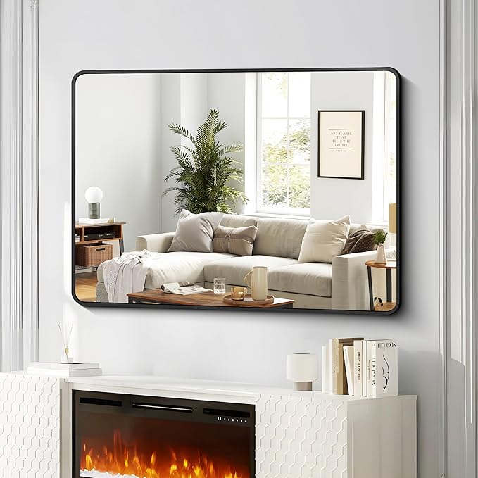 FORBATH Large Bathroom Mirror 48 x 36 Inches，Black Large Wall Mirror Aluminum Frame Wall Mounted Rounded Corner Morndern Mirror for Bathroom Bedroom Entryway Living Room
