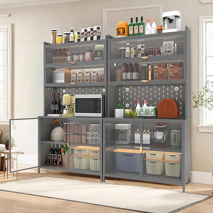 73'' Tall Kitchen Pantry Cabinet, 6 Level Flip Door with Pegboard Metal Pantry Storage Cabinet, Anti-Tip Design Hutch for Kitchen, Dining Room, Living Room,Grey