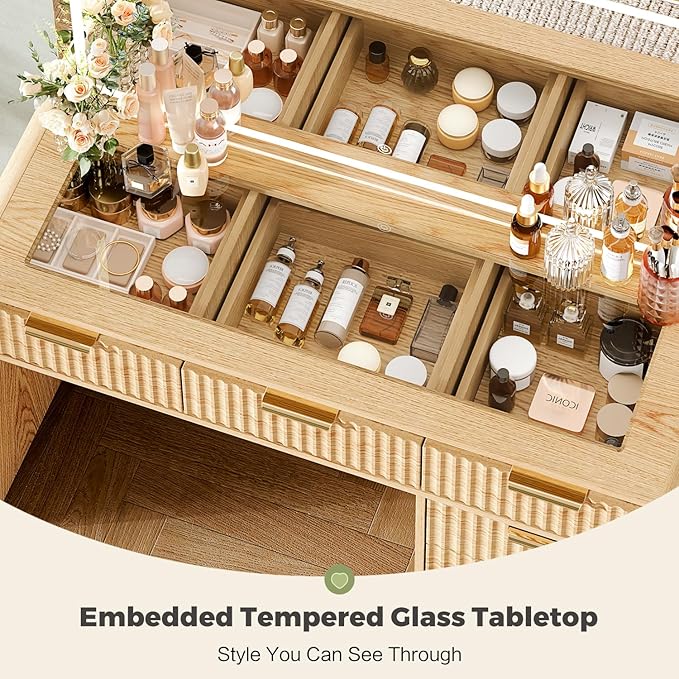 47“Makeup Vanity Desk with 44.8" Mirror and Lights, Vanity Desk with 7 Drawers, Makeup Vanity Table with a Glass Tabletop, 3 Color Modes & Adjustable Brightness Dressing Table, Bedroom,Oak