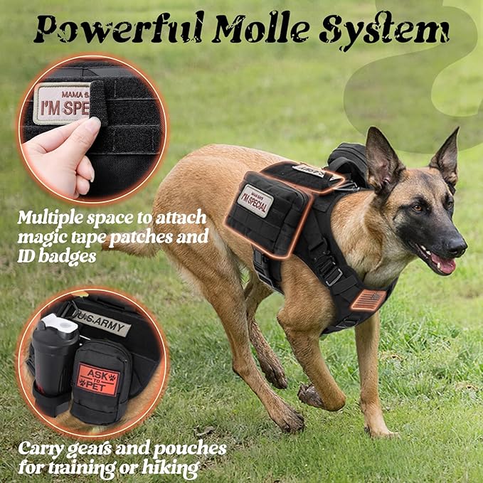 rabbitgoo Tactical Dog Harness for Large, Heavy Duty Pet Harness with Handle, No-Pull Service Vest Large Breed, Adjustable Military Dog Vest for Training Hunting Walking, Black, XL