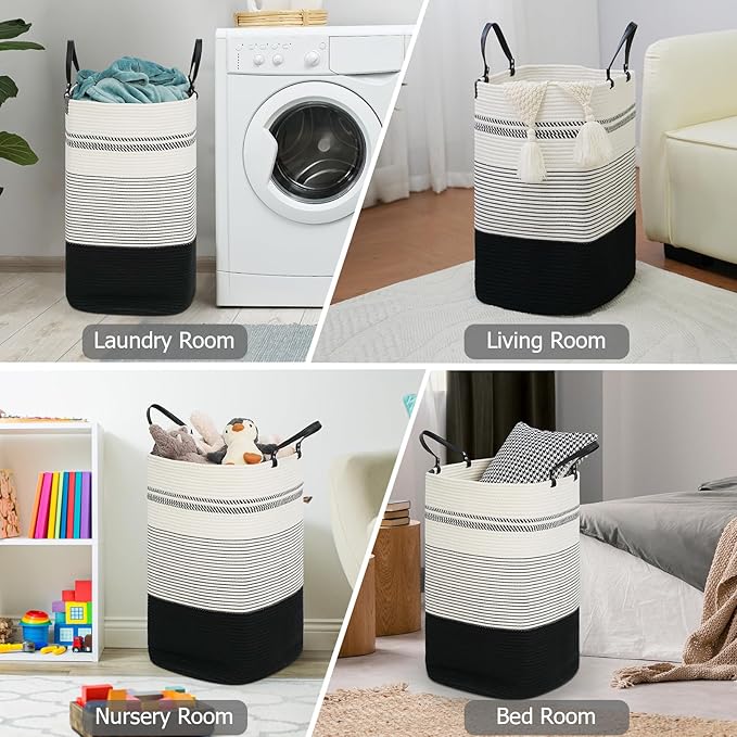 danpinera 100L Nursery Hamper, Tall Woven Laundry Basket with Long Leather Handles, Boho Laundry Hamper for Living Room & Bedroom, Eco-friendly & Convenient Decorative Storage Basket, White & Black